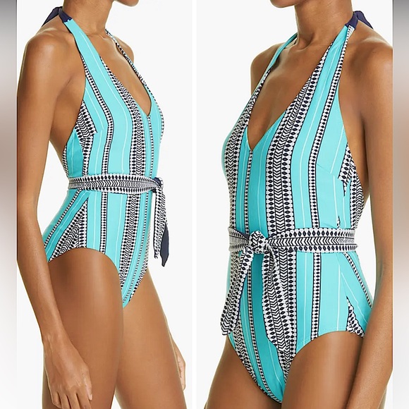 NWT Lemlem turquoise navy white tribal stripe belted swimsuit size medium - Picture 2 of 16